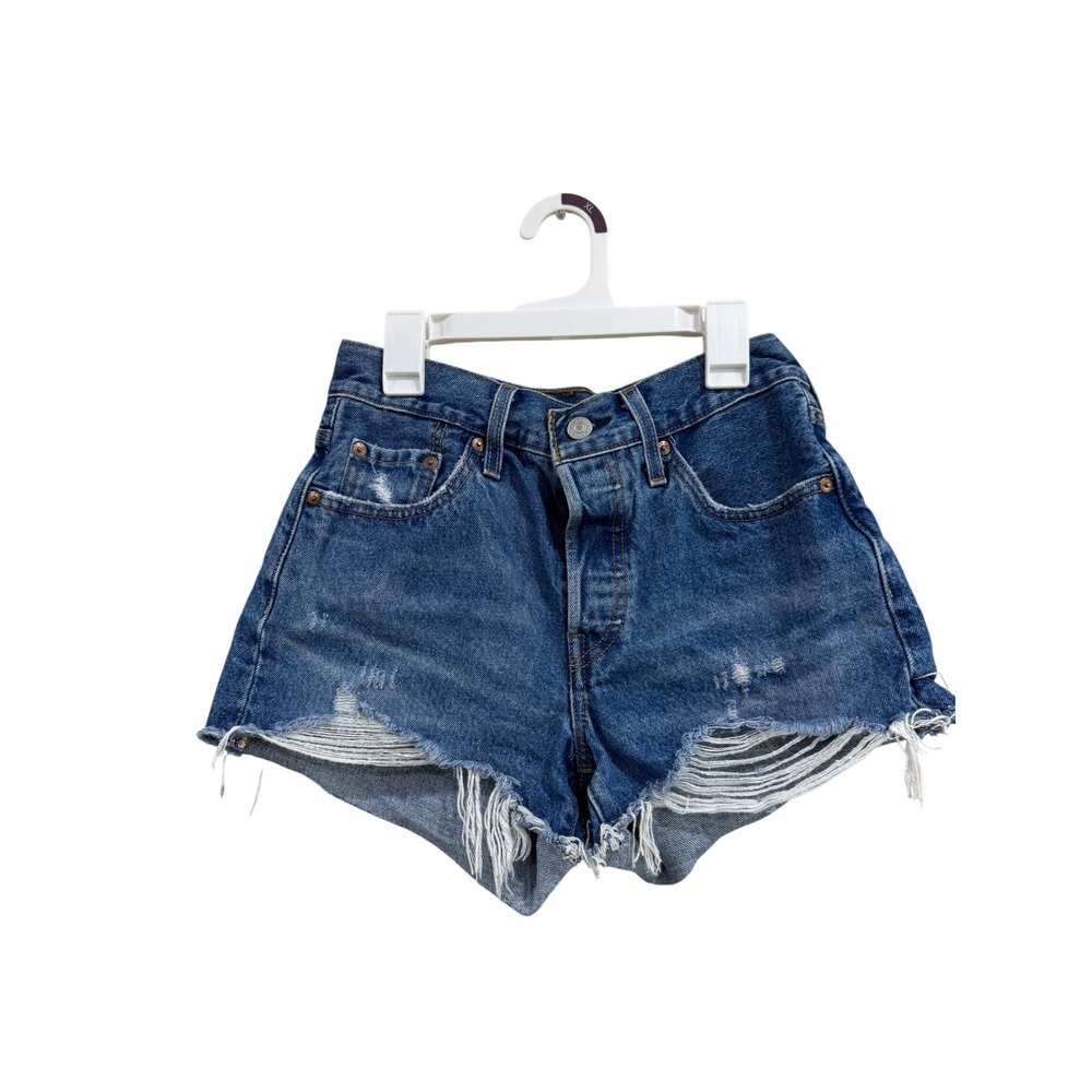 Levis 501 High Rise Distressed Denim Shorts Medium Wash Blue Size 25 Button Fly